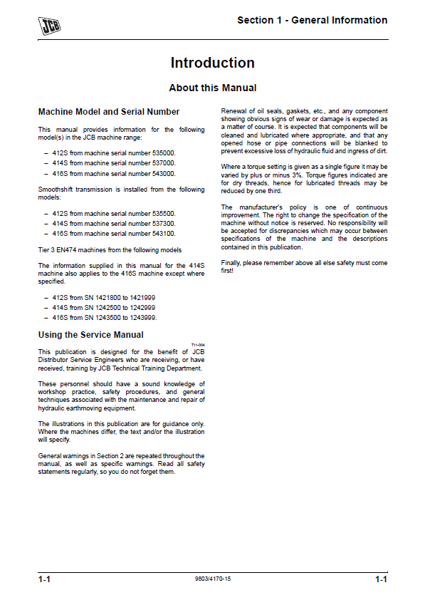 JCB 412S, 414S, and 416S Service, Maintenance & Troubleshooting Manual 