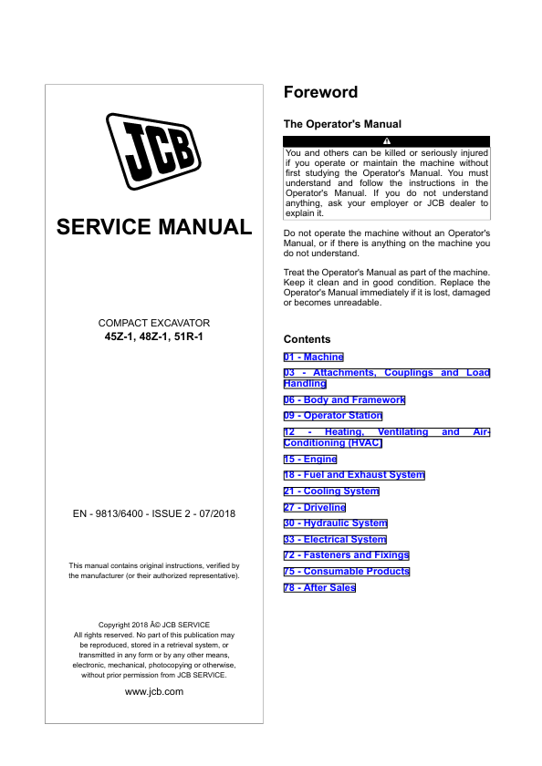 JCB 45Z-1, 48Z-1, 51R-1 Compact Excavator Service Manual PDF