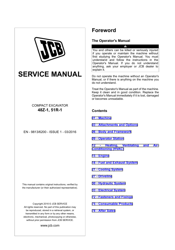JCB 48Z-1, 51R-1 Compact Excavator Service Manual PDF