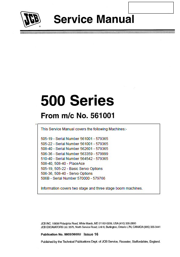 JCB 500 Series Service & Repair Manual PDF (Publication No. 9803/3600U)