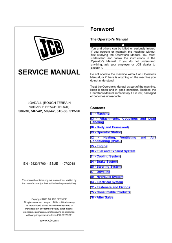 JCB 506-36 to 512-56 Loadall Service Manual PDF & Repair Guide