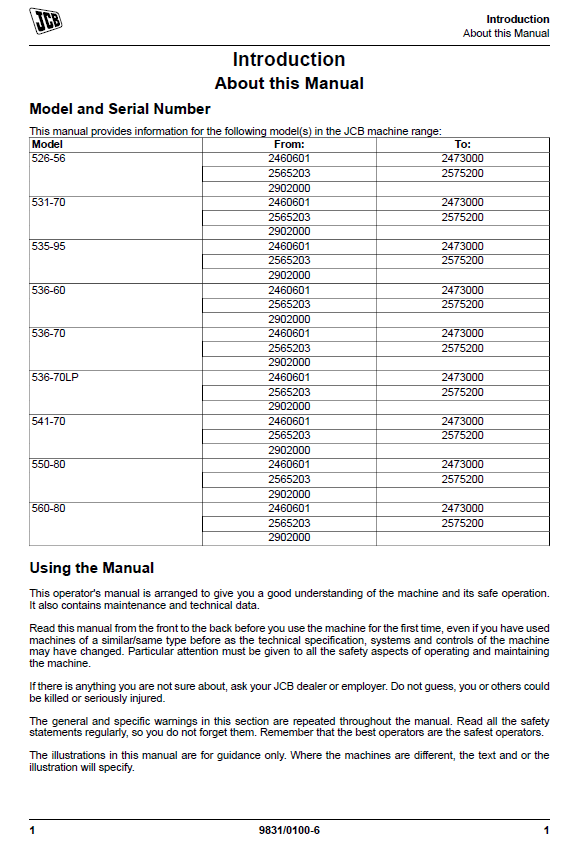 JCB 526-56, 531-70, 535-95 & 560-80 Operator Manual Guide