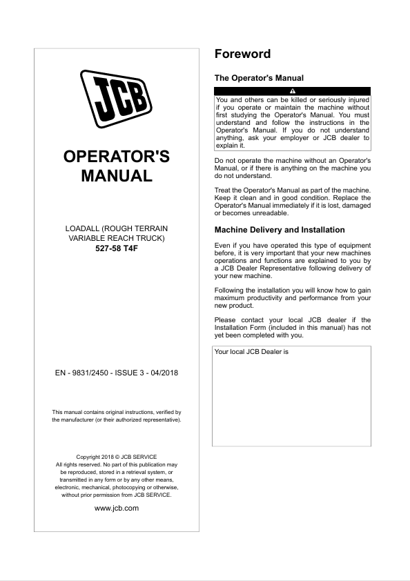 JCB 527-58 T4F Loadall Manual & Operator Guide PDF