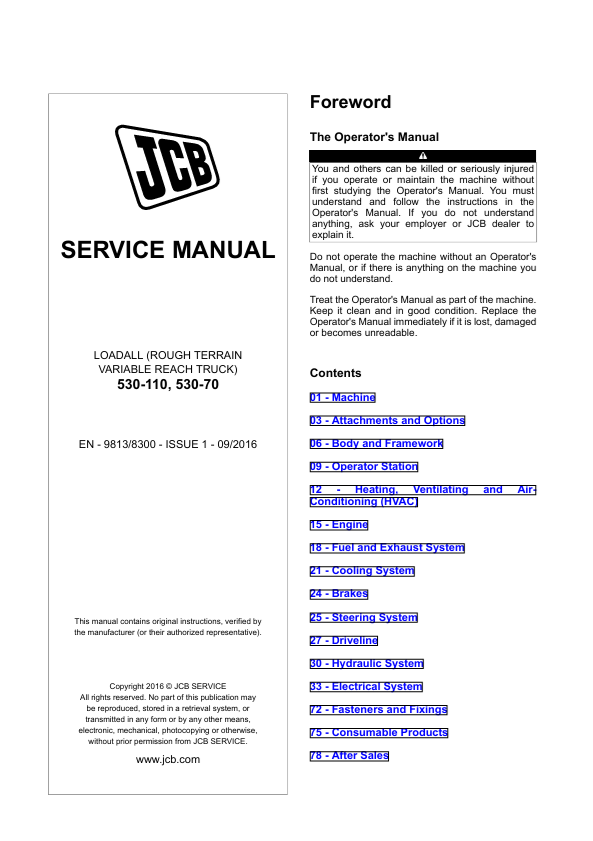JCB 530-110 & 530-70 Loadall Service Manual PDF Download