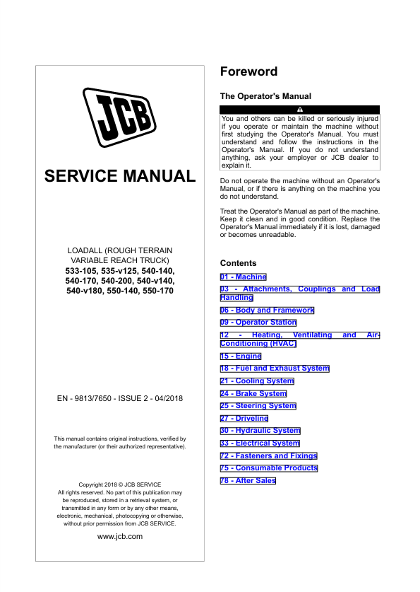 JCB 533-105 to 550-170 Loadall Service Manual PDF
