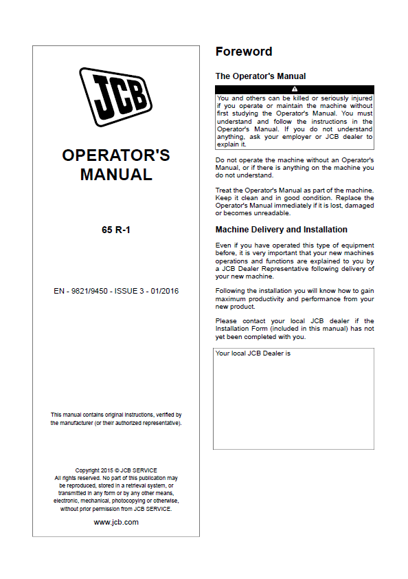 JCB 65R-1 Excavator User and Operator Guide (PDF)