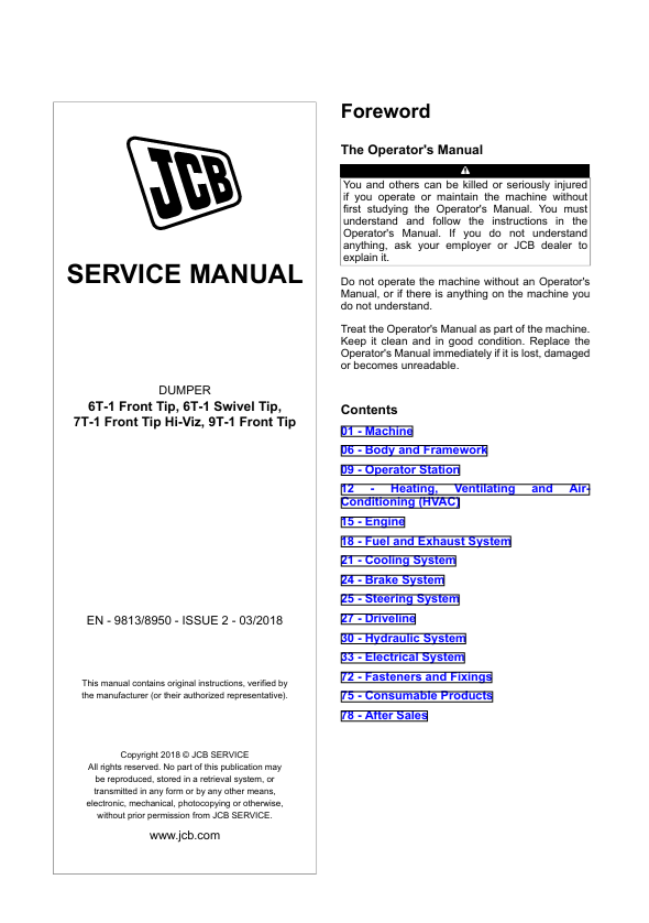 JCB 6T-1, 7T-1 & 9T-1 Dumper Service Manual PDF Download
