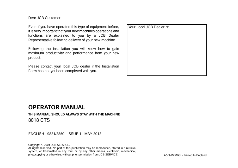 JCB 8018 CTS Operator Manual PDF