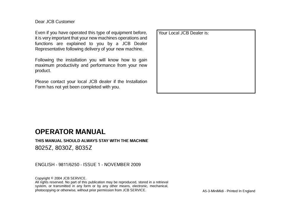 JCB 8025Z, 8030Z & 8035Z Operator Manual PDF