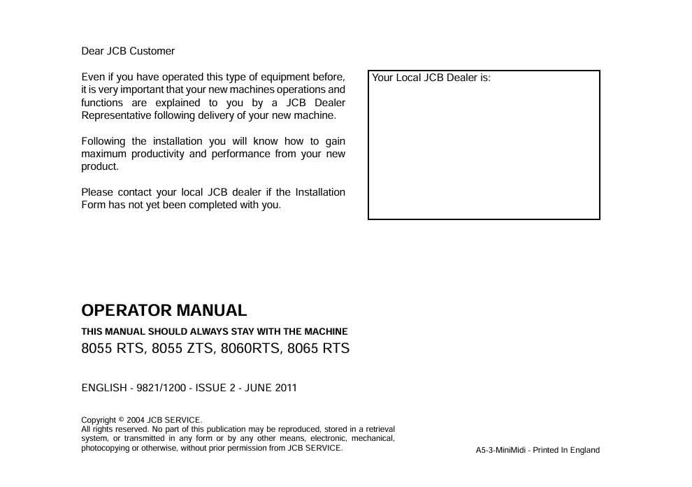 JCB 8055 RTS Operator Manual PDF