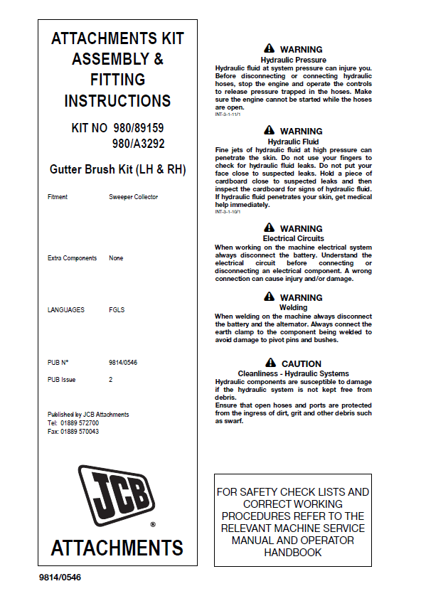 JCB Attachment Kit Assembly & Fitting Instruction Operator Manual PDF