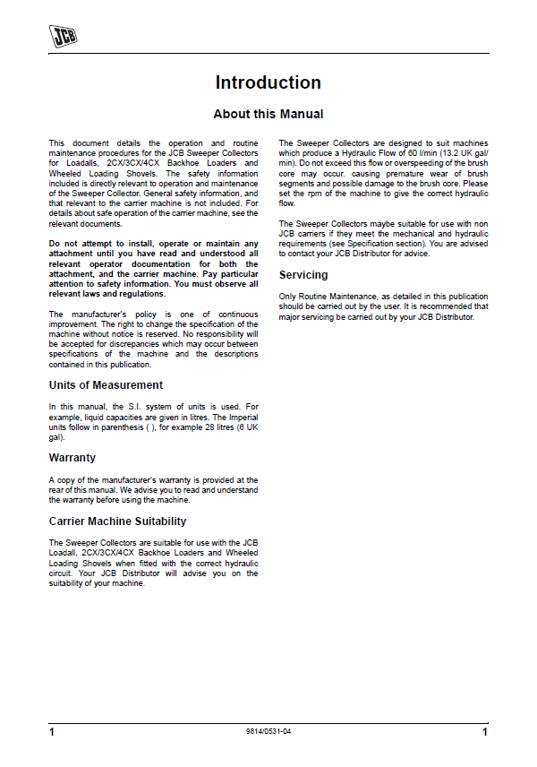 JCB Backhoe & Loadall Sweeper Collector SC Series Manual PDF