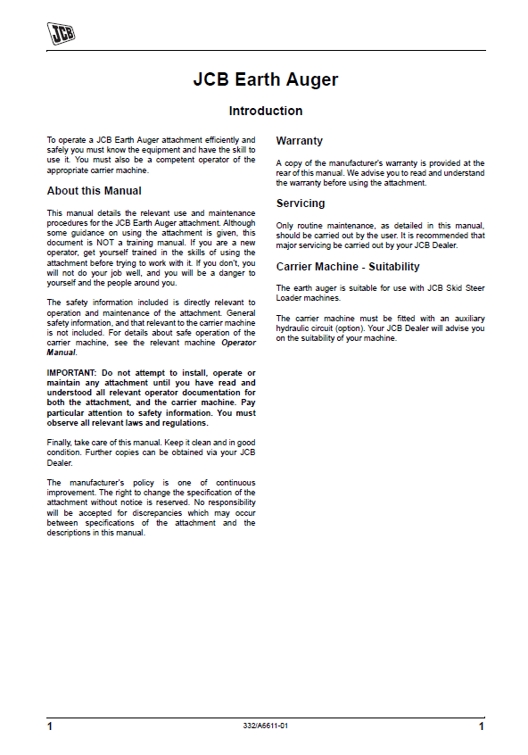 JCB Earth Auger Operating Instructions & Guide PDF