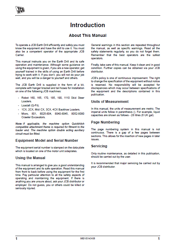 JCB Earth Drill Operating & Maintenance Manual PDF