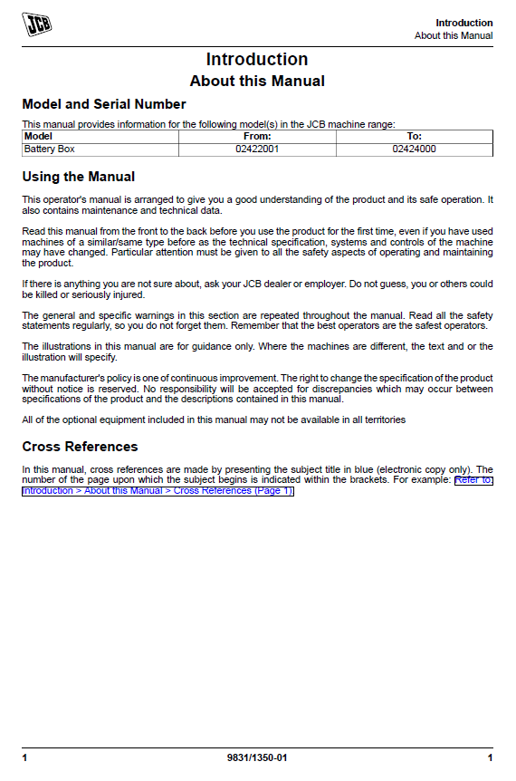 JCB Equipment Battery Box Safety & Operations PDF