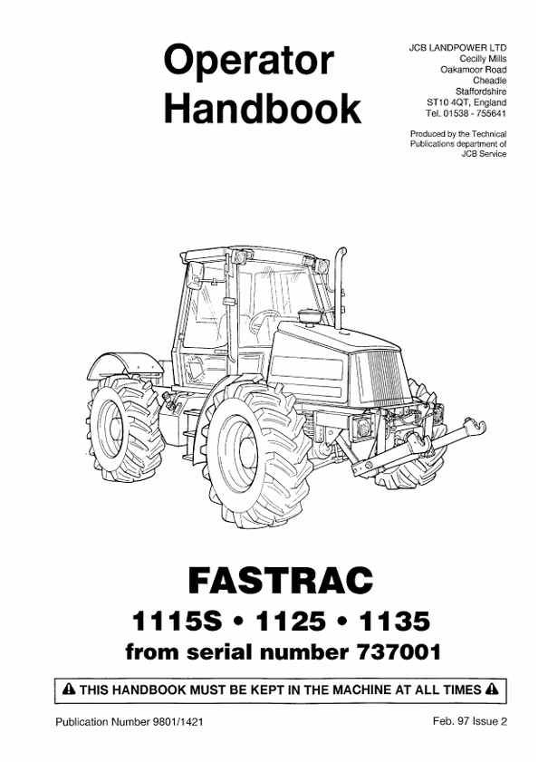 JCB Fastrac 1115S, 1125, 1135 Operator Handbook Manual PDF