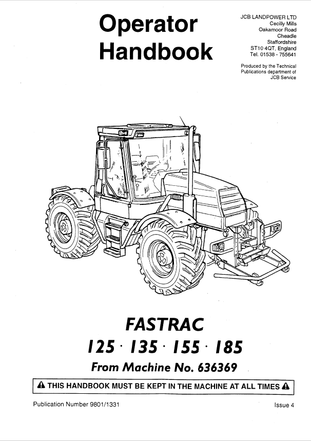 JCB Fastrac 125, 135, 155, 185 Operator Handbook Manual PDF