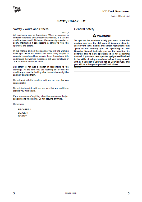 JCB Fork Positioner Safety and Operation Manual