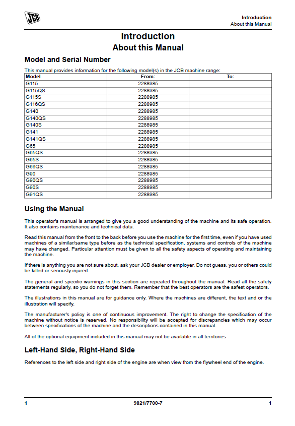 JCB Generator G65 G90 G115 G140 User & Operator Manual