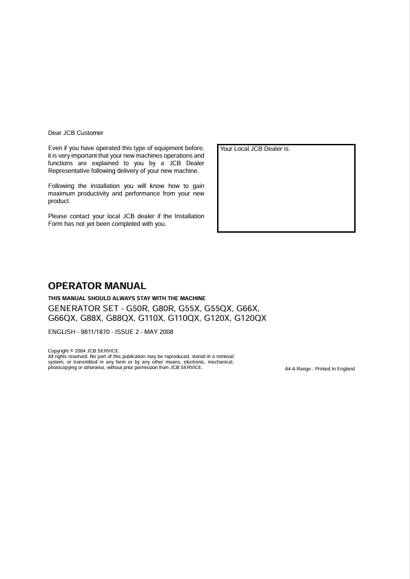JCB Generator Set G50R G80R G55X G55QX Operator Manual PDF
