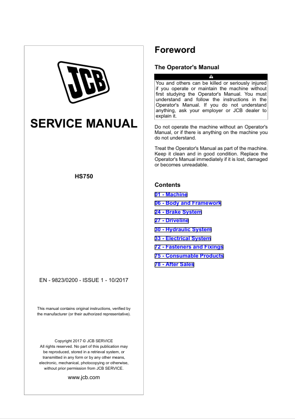 JCB HS750 Service Manual PDF Download – Repair Guide