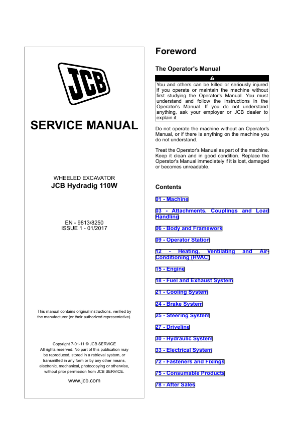 JCB HYDRADIG 110W Wheeled Excavator Service Manual PDF