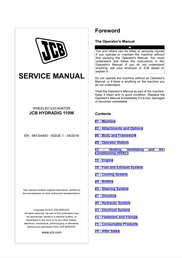 JCB Hydradig 110W Wheeled Excavator Service Manual PDF