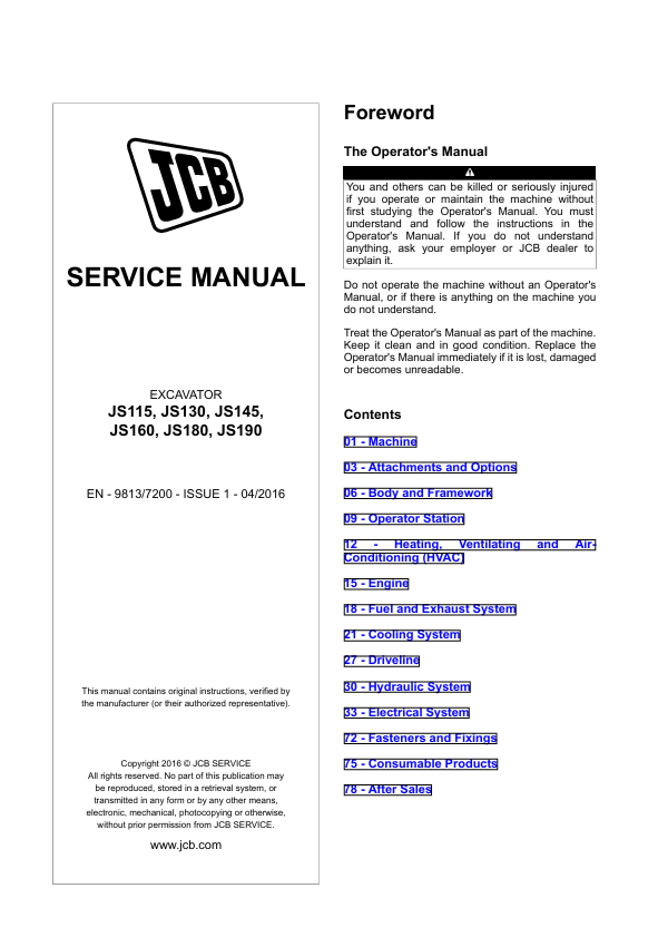 JCB JS115, JS130, JS145, JS160, JS180, JS190 Service Manual PDF