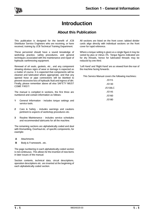 JCB JS115 JS180 Excavator Service Manual PDF