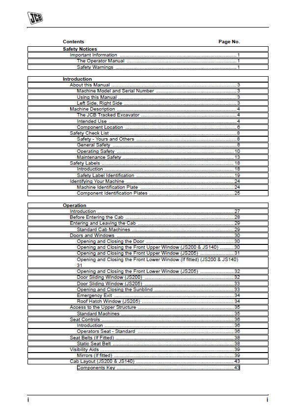 JCB JS140, JS200, JS205 Excavator Operator Manual PDF Guide