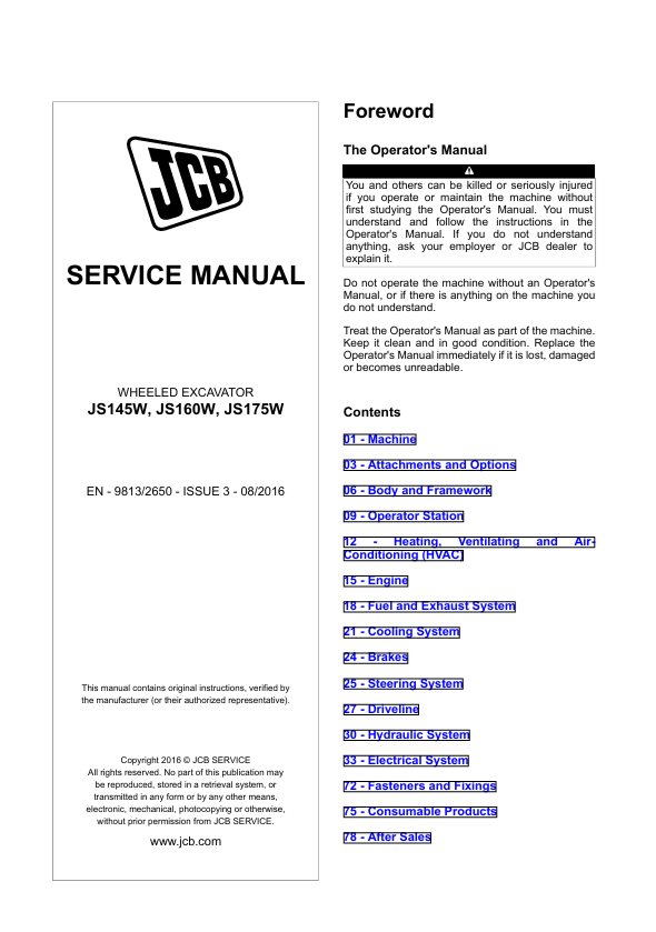 JCB JS145W JS160W JS175W Wheeled Excavator Service Manual PDF