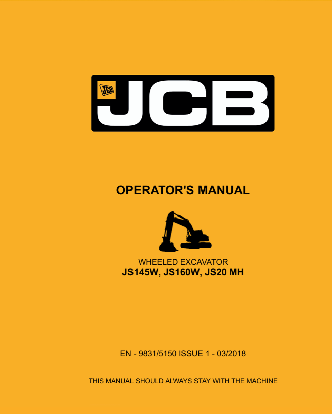 JCB JS145W, JS160W, JS20 MH Wheeled Excavator Operator Manual PDF