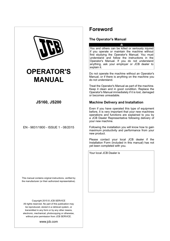 JCB JS160, JS200 Excavator Operator Manual PDF