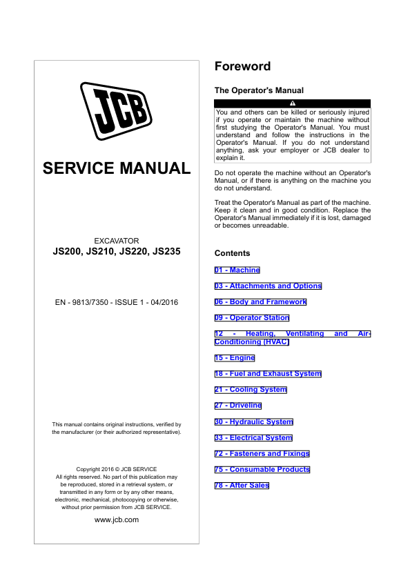 JCB JS200 JS210 JS220 JS235 Excavator Service Manual PDF