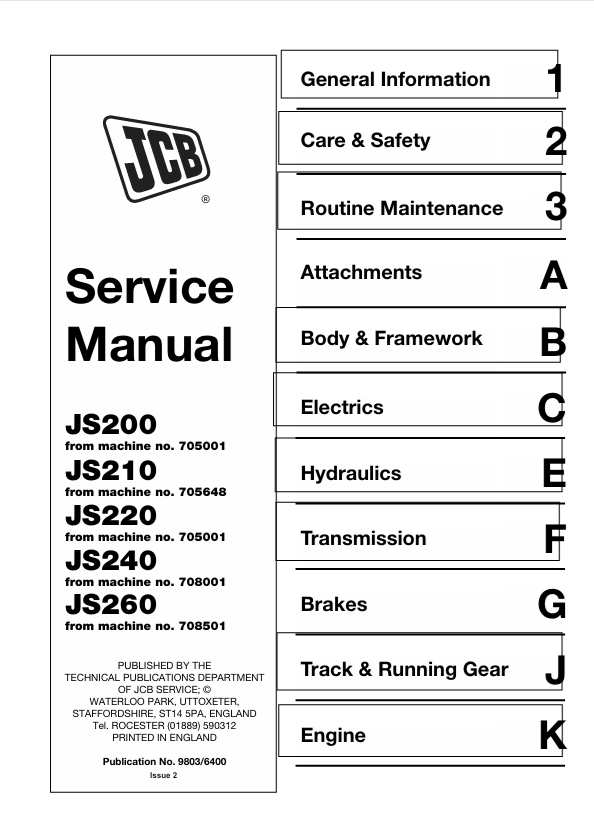 JCB JS200, JS210, JS220, JS240, JS260 Service Manual 