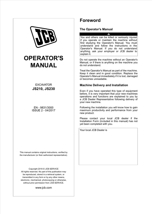 JCB JS210 & JS230 Excavator Operator Manual PDF
