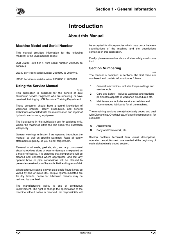 JCB JS240–JS360 Tier 4 Repair and Troubleshooting Manual