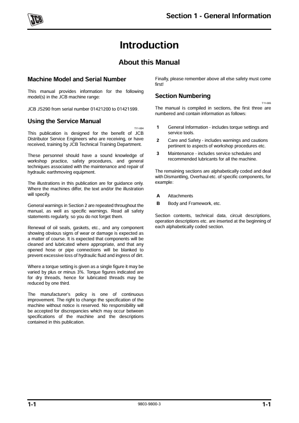 JCB JS290 Tier III Technical Service & Repair Guide