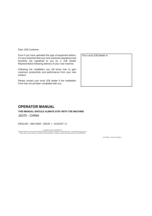 JCB JS370 China Operator Manual PDF
