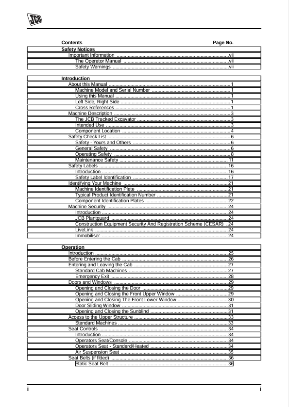 JCB JS460 JS500 Tier 2 Operator Manual PDF