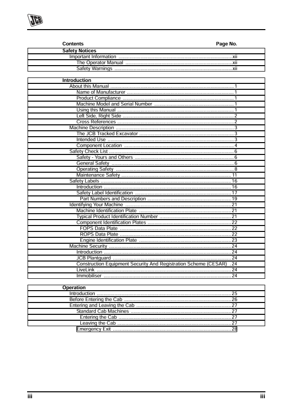 JCB JS500 Tier 2 Excavator Operator Manual PDF