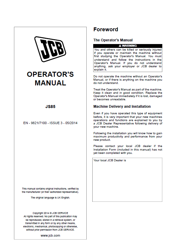 JCB JS85 Excavator Operator & Maintenance Manual PDF