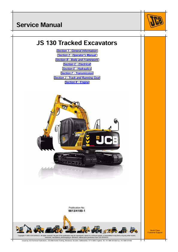 JCB JS 130 Tracked Excavator Service Manual PDF Download