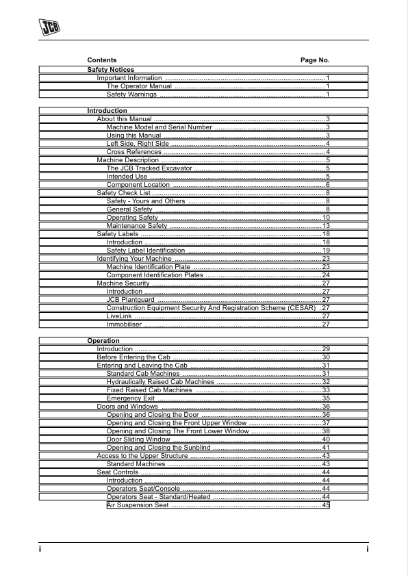 JCB JS Auto Range Excavator Tier 3 Isuzu Engine Operator Manual PDF