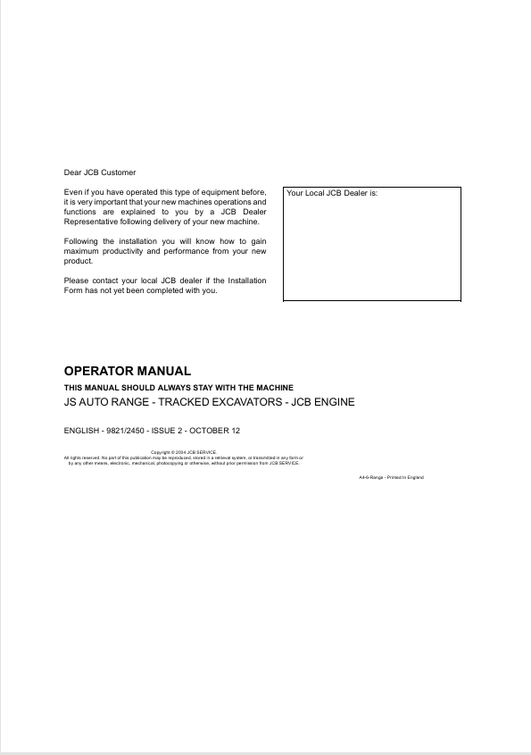 JCB JS Auto Range Tracked Excavator Engine Operator Manual PDF