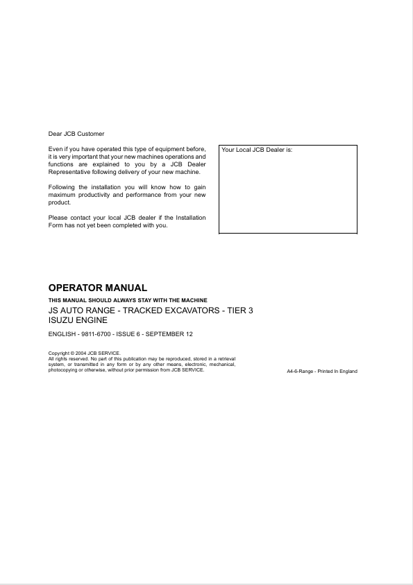 JCB JS Auto Range Tracked Excavators Tier 3 Isuzu Operator Manual PDF