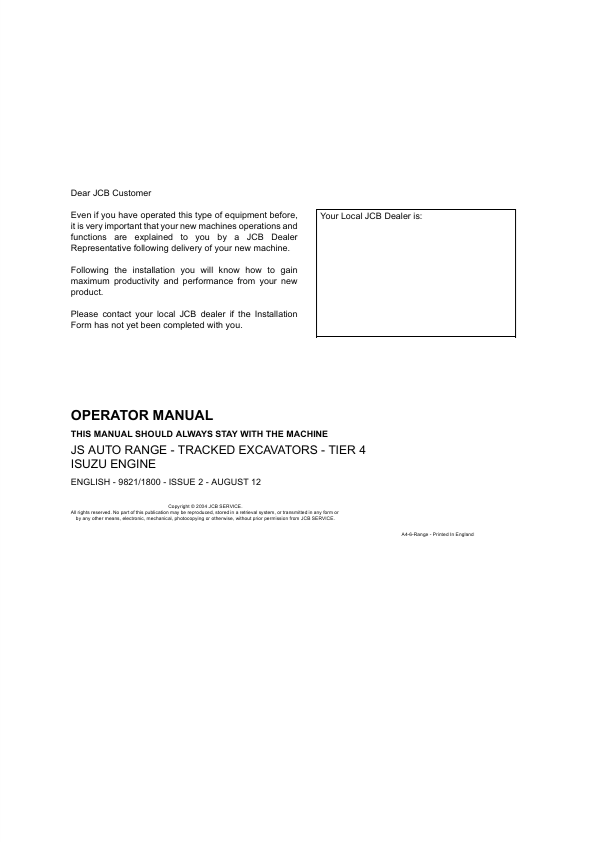 JCB JS Auto Range Tracked Excavators Tier 4 Isuzu Operator Manual PDF