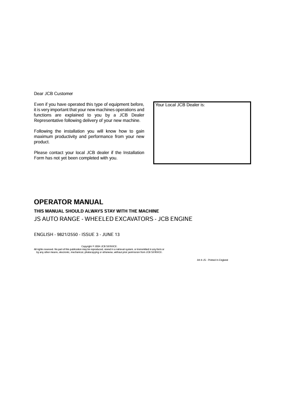 JCB JS Auto Range Wheeled Excavators Engine Operator Manual PDF