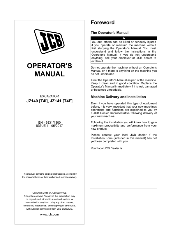 JCB JZ140 T4I & JZ141 T4F Excavator Operator Manual 