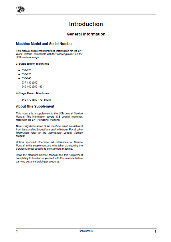 JCB LK1 Personnel Platform Service Supplement – Repair & Troubleshooting 